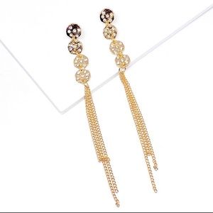 Anthropologie Gold Plated Long Fringed Crystal Chain Drop Earrings